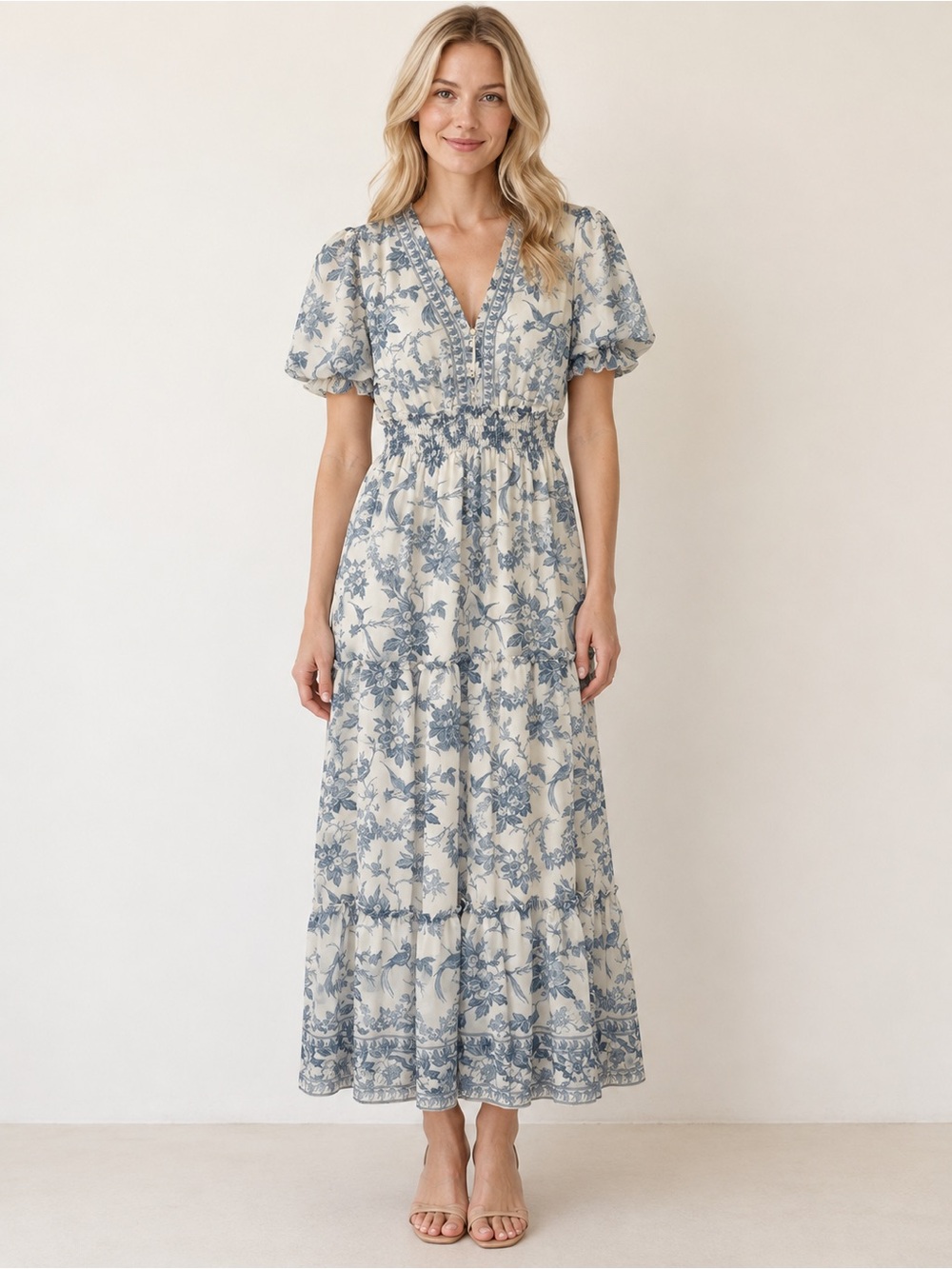 NWT Max Studio London Floral Bird Toile Tiered Maxi Dress S